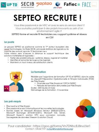 Septeo recrute en CDI pour sa filiale SECIB 10 technicien(ne)s support système et réseau dans le cadre d'une POEI.