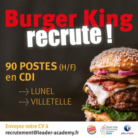Burger King recrute à Lunel, Villetelle (90 postes) et Montgiscard (40 postes).