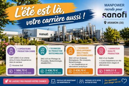 Manpower recrute pour Sanofi à Aramon : 8 postes à pourvoir en chimie, biotechnologie et qualité