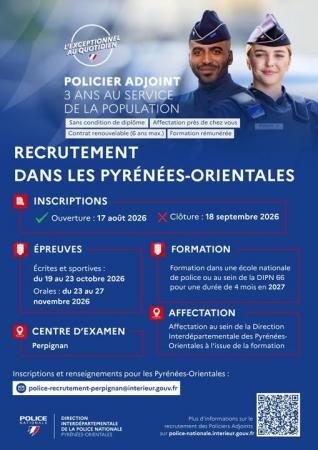 Recrutement de policiers adjoints dans les Pyrénées-Orientales : inscriptions ouvertes jusqu'au 18 septembre